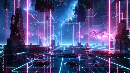 3D abstract tech landscape  with neon grids and floating digital islands  perfect for a sci-fi backdrop