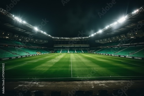 Empty football stadium under night lights, soccer field with illumination and green grass background photo