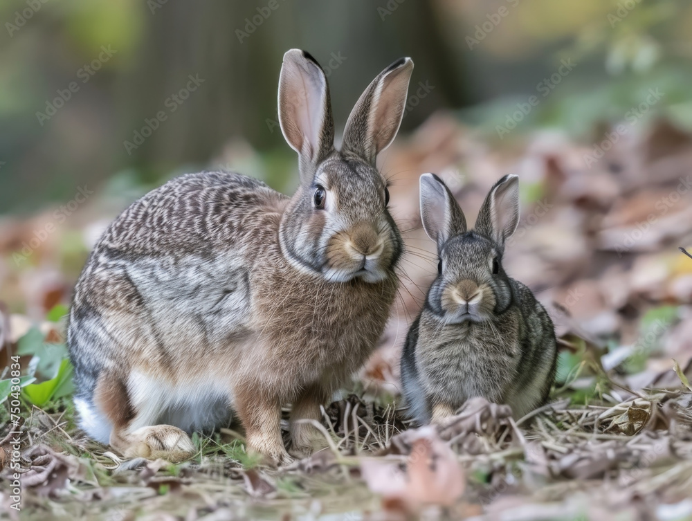 A mother rabbit with her kit, nestled on the forest floor. A mother rabbit with her kit, nestled on the forest floor.
