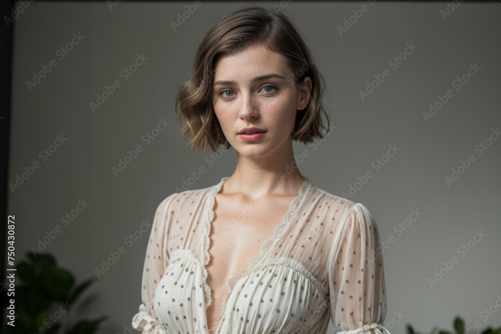 Portrait of cheerful beautiful woman posing in studio over gray background. People, happiness, confident, emotions and lifestyle concept Portrait of cheerful beautiful woman posing in studio over gray background. People, happiness, confident, emotions and lifestyle concept