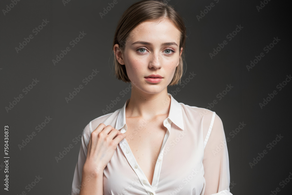 Portrait of cheerful beautiful woman posing in studio over gray background. People, happiness, confident, emotions and lifestyle concept Portrait of cheerful beautiful woman posing in studio over gray background. People, happiness, confident, emotions and lifestyle concept