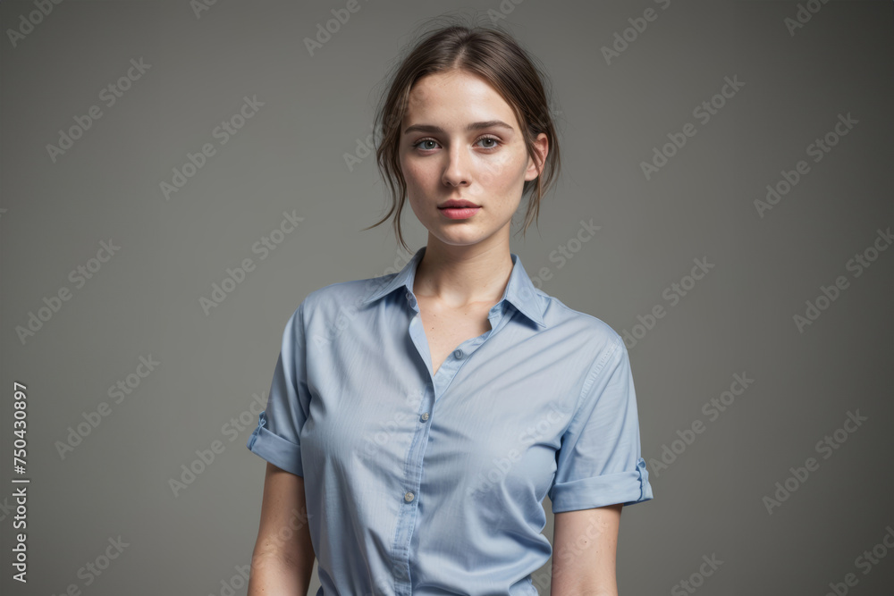 Portrait of cheerful beautiful woman posing in studio over gray background. People, happiness, confident, emotions and lifestyle concept Portrait of cheerful beautiful woman posing in studio over gray background. People, happiness, confident, emotions and lifestyle concept