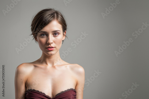 Wallpaper Mural Portrait of cheerful beautiful woman posing in studio over gray background. People, happiness, confident, emotions and lifestyle concept Torontodigital.ca