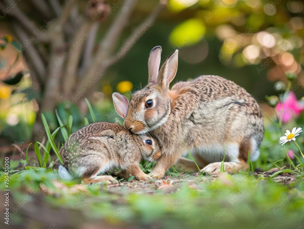 Two rabbits bonding, with one grooming the other in a tender moment. Two rabbits bonding, with one grooming the other in a tender moment.