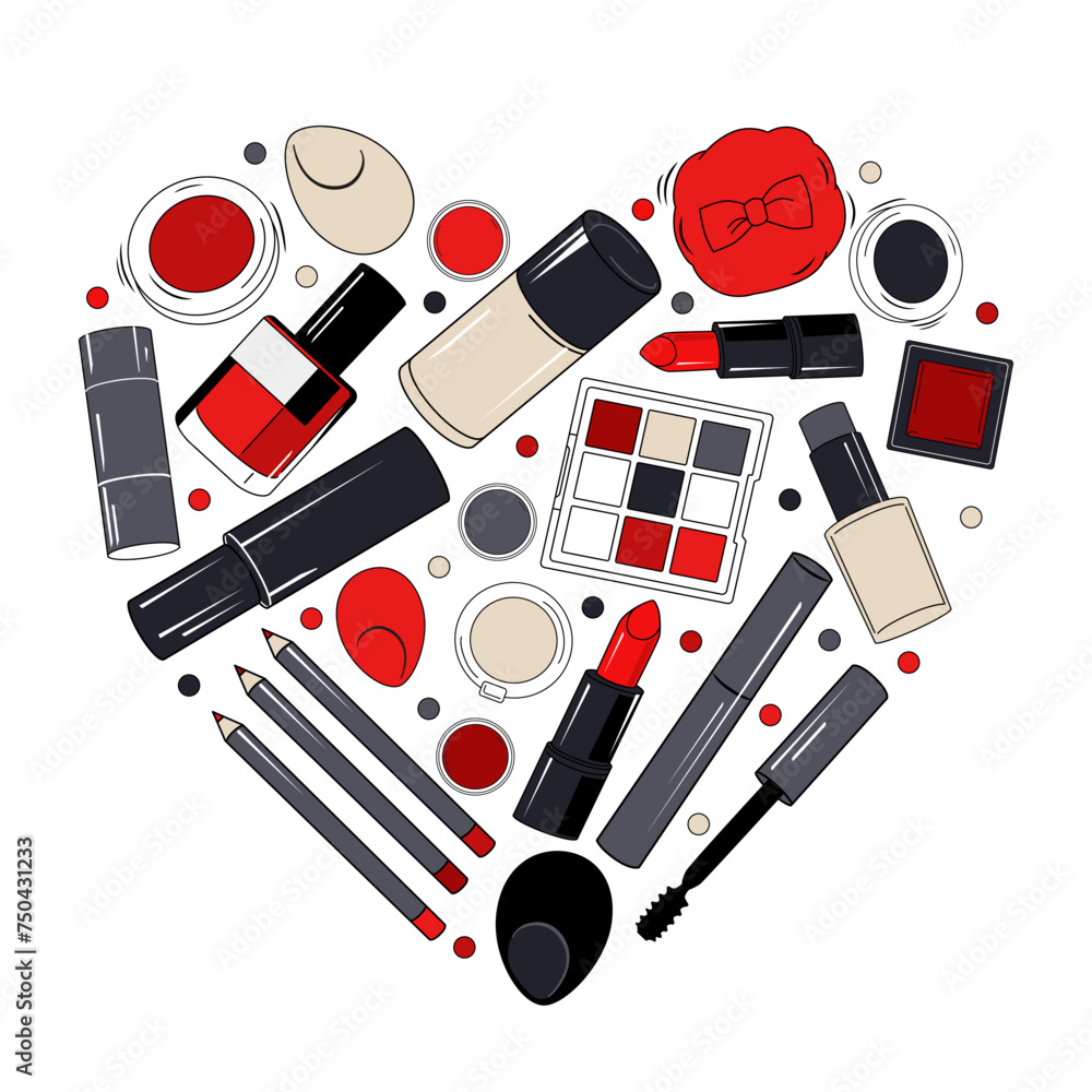 Vector red makeup elements in the shape of heart . Wall with cosmetics for design and text