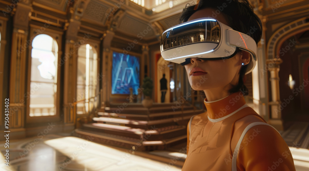 A woman with VR headset displaying futuristic interface screens. Concept of Virtual Reality and Spatial Computing. A woman with VR headset displaying futuristic interface screens. Concept of Virtual Reality and Spatial Computing.