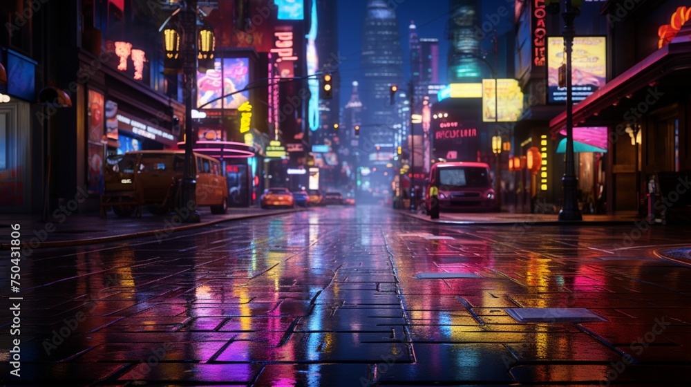 A rain-soaked urban street at night, illuminated by the colorful glow of neon signs reflecting off the wet pavement