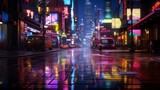 A rain-soaked urban street at night, illuminated by the colorful glow of neon signs reflecting off the wet pavement