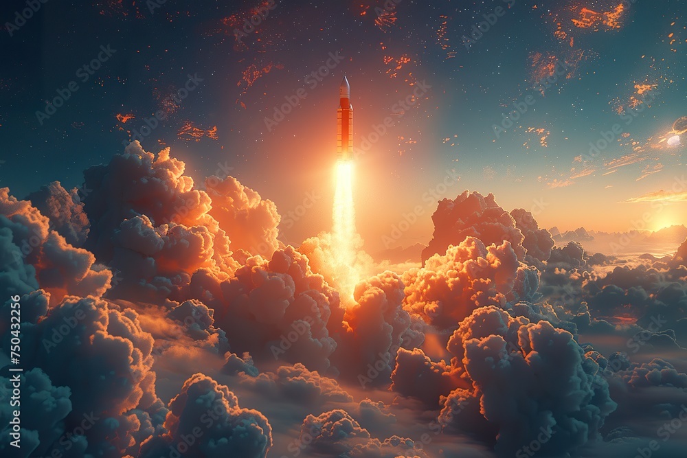 Rocket launch dreamscape, fluffy clouds, space for text - obrazy, fototapety, plakaty 