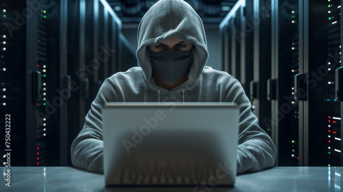 Hacker in hood anonymous phishing, hacking, spy, criminal, attack the internet computer network. Concept of cyberspace criminal computer crime with wireless network, web, firewall, password protect.