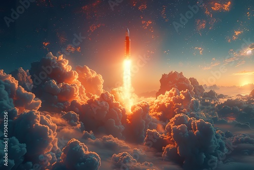 Rocket launch dreamscape, fluffy clouds, space for text