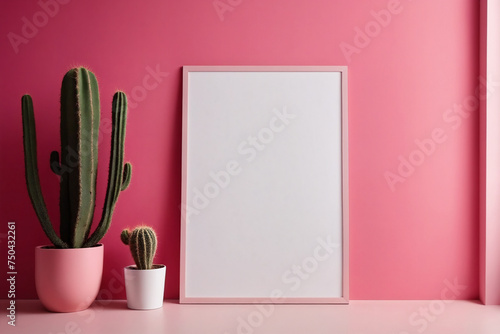 Close up bright modern pink room interior background with white blank portrait poster space leaning on pink wall background by cactus plant - Mockup