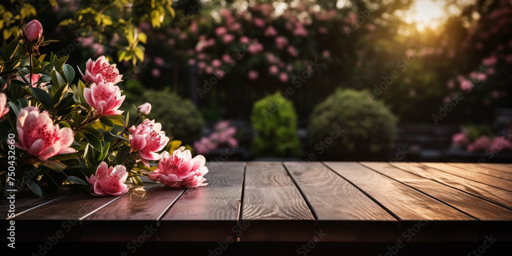 Wood Table Top On Pink Flower Bokeh, Blossoming Tranquility: Pink Flower Bokeh on Wooden Surface