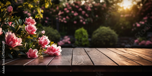 Wood Table Top On Pink Flower Bokeh, Blossoming Tranquility: Pink Flower Bokeh on Wooden Surface © Tepo