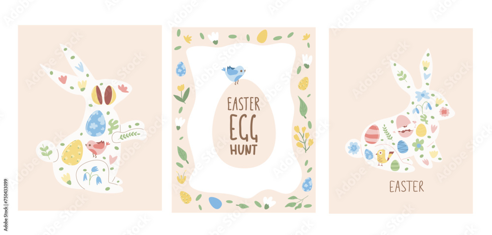 Easter egg hunt posters set templates. Rabbit silhouette with eggs and frame beige vertical banners. Spring holiday greeting cards collection. Vector flat illustration