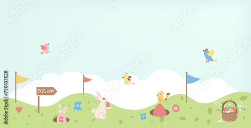 Easter egg hunt plan poster template. Map with rabbit and egg banner. Spring holiday greeting card. Vector illustration