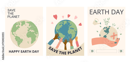 Happy Earth day banners set. Save the planet retro posters. Collections templates for holiday design. Vector flat illustration