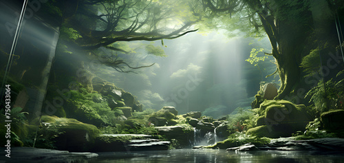 Fantasy landscape with a waterfall in the forest. 3d rendering