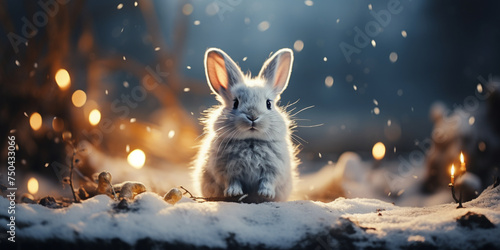 cute fluffy christmas bunny in new year forest with christmas gifts, Whimsical Winter Wonderland: Cute Fluffy Christmas Bunny in a New Year Forest