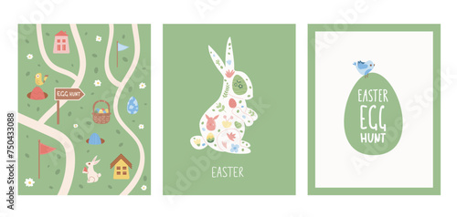 Easter egg hunt posters set templates. Rabbit with eggs basket and flowers vertical banners. Spring holiday greeting cards collection. Vector flat illustration