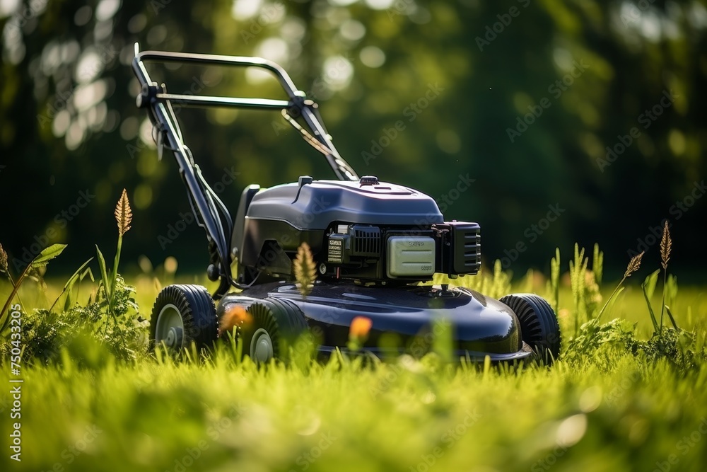 Fototapeta premium Beautiful composition of mower machine on green lawn for garden care and grass cutting