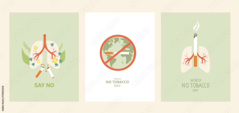 World no tobacco day cards set. Stop smoking banners with text. Cigarette, lung and forbidden sign awareness bag habit. World no tobacco day cards set. Stop smoking banners with text. Cigarette, lung and forbidden sign awareness bag habit.
