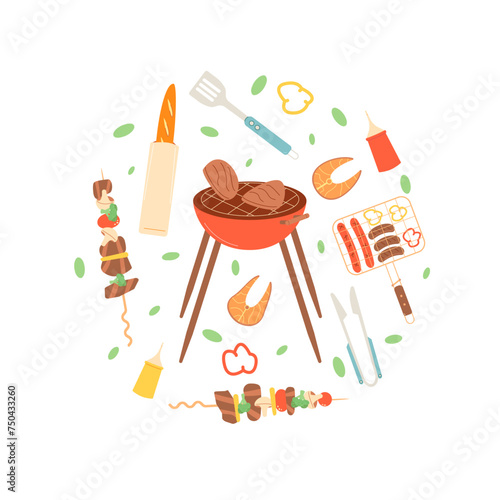 Grill bbq circle composition isolated on white background. Grill grate, brazier barbecue with food round element Summer outdoor cookout. Weekend bbq meal . Vector flat illustration