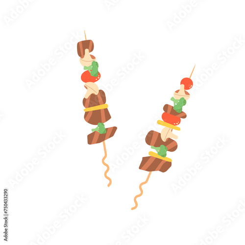 Grill bbq shashlik isolated on white background. Barbecue shish kebab with meat and vegetables element Summer outdoor cookout. Vector flat illustration
