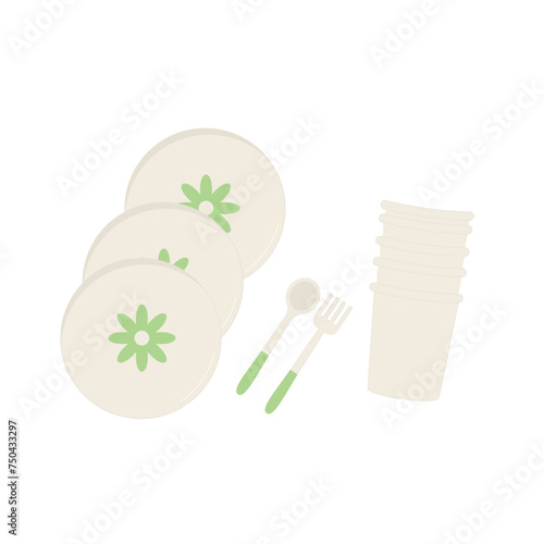 Disposable tableware set isolated on white background. Holiday celebration dish plate glasses and fork with spoon. Summer picnic party, birthday event. Vector illustration