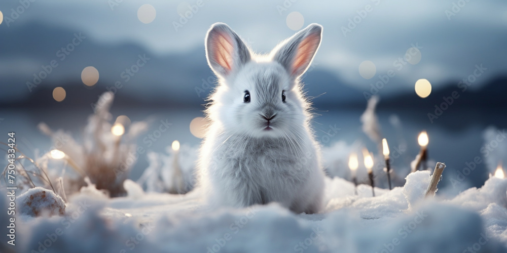 Snow hare on snow background with empty space for text, Winter Wonderland Whimsy: Charming Snow Hare Against a Blank Snowy Slate Snow hare on snow background with empty space for text, Winter Wonderland Whimsy: Charming Snow Hare Against a Blank Snowy Slate