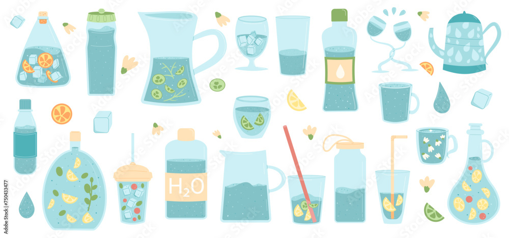 Water and soft drinks in different containers set isolated on white background. Fresh clean beverages with sparkling and and still. Stay hydrated. Vector flat illustration Water and soft drinks in different containers set isolated on white background. Fresh clean beverages with sparkling and and still. Stay hydrated. Vector flat illustration