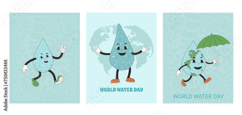 World water day card set . Posters with retro drop characters. Ecology holiday banner with rubber hose waterdrop mascot. Vector flat illustration