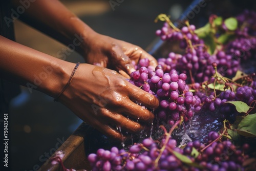Close-up of african womans hands washing fresh grapes under faucet in a contemporary kitchen sink