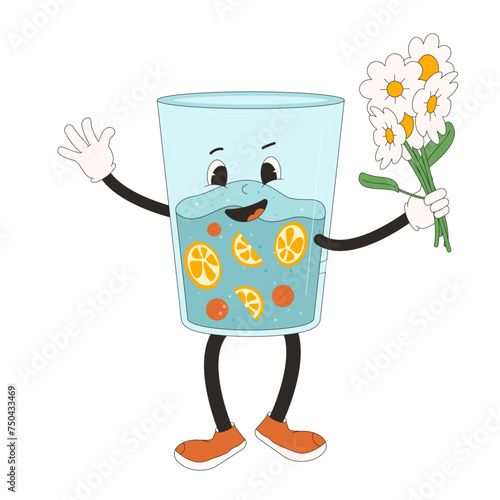 Glass of water retro cartoon mascot. Soft drink rubber hose animation style groovy character with flower bouquet in his hand. Healthy life and wellness vector flat illustration isolated