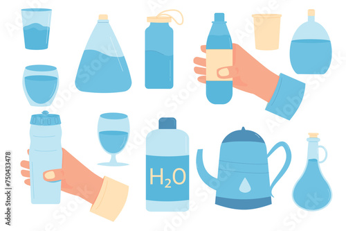Water in different bottles, jug, glasses set isolated on white background. Fresh clean beverages with sparkling and still. Drink more water. Stay hydrated. Vector flat illustration