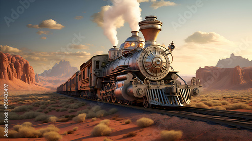 Steam locomotive in the desert. 3D render. Computer digital drawing.