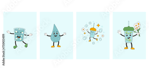 Water and soft drinks banner set . Posters with retro drop characters. World water day Ecology holiday banner with rubber hose mascot. Vector flat illustration