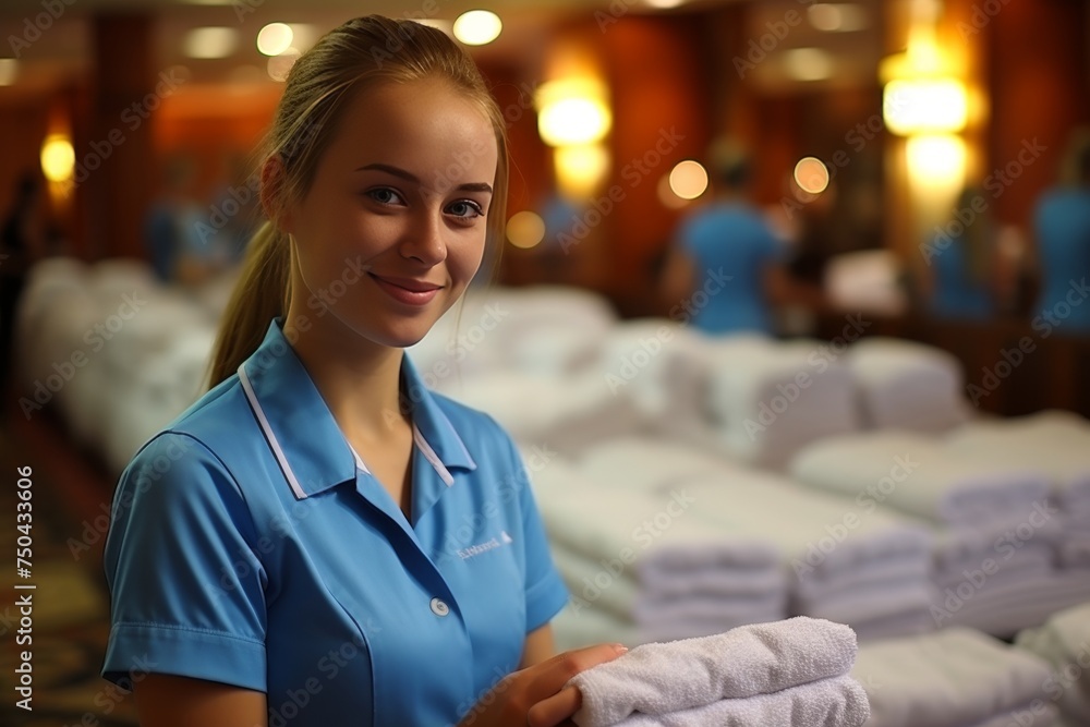 European woman hotel housekeeper arranging fresh clean towels in