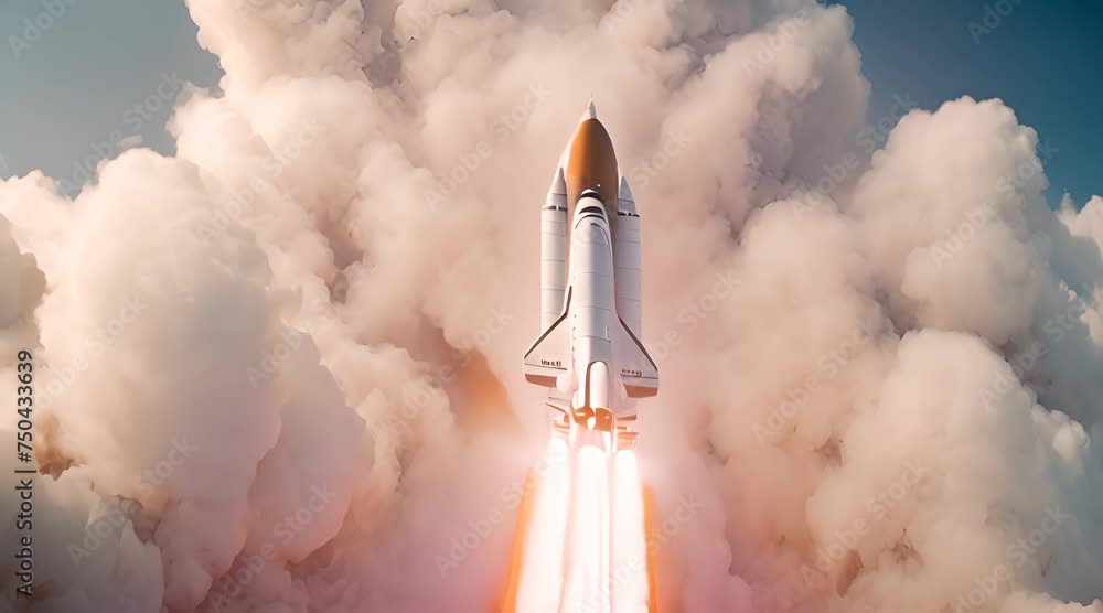 Abstract animation of a rocket launching in a cloud of smoke. Space ...