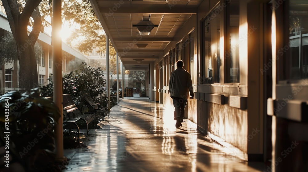 evening sun over residential walkway with trees and benches