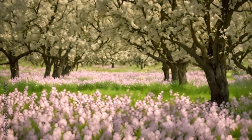 Wallpaper Mural Abstract animation of a white sakura alley with a flower field. Pink, cherry, flower, smell, blooms, garden, beautiful, spring, plant, tree, petals, peace, branch, house. Generated by AI Torontodigital.ca