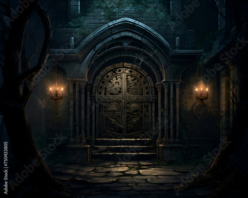 Mysterious door in the dark forest. 3D illustration.