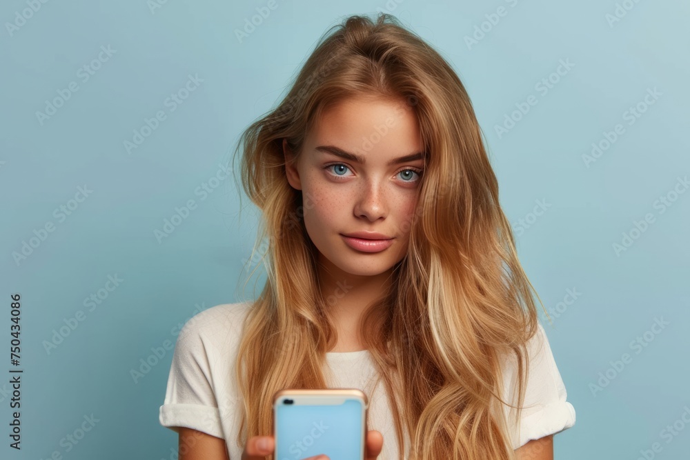 Fototapeta premium Young stylish woman checking her smartphone on a blue background