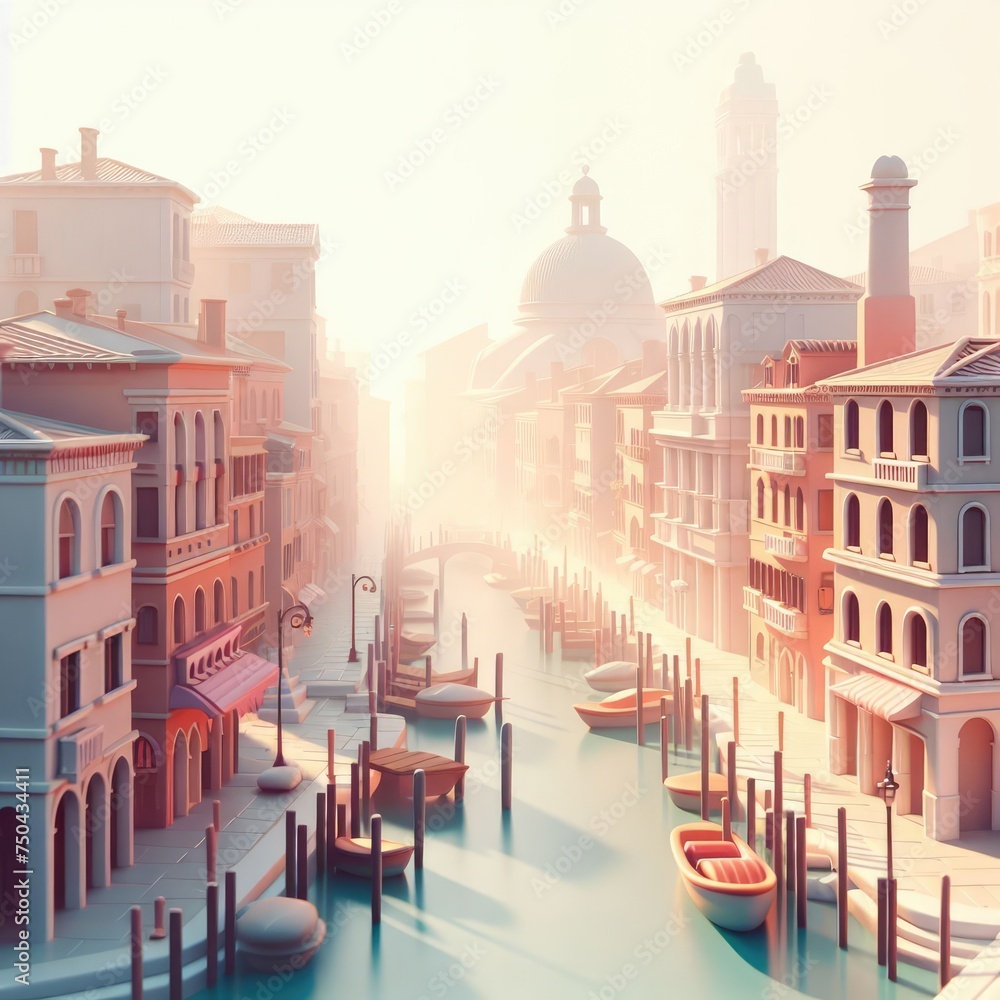 Fototapeta premium Cartoon Venice with Canals in the Fog. Soft shapes 3D illustration with delicate pastel colors.