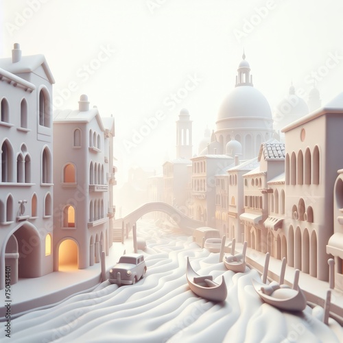 Cartoon Venice with Canals in the Fog. Soft shapes 3D illustration with delicate pastel colors.