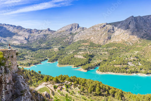 Viewing point at the blue lake of Guadalest, Spain