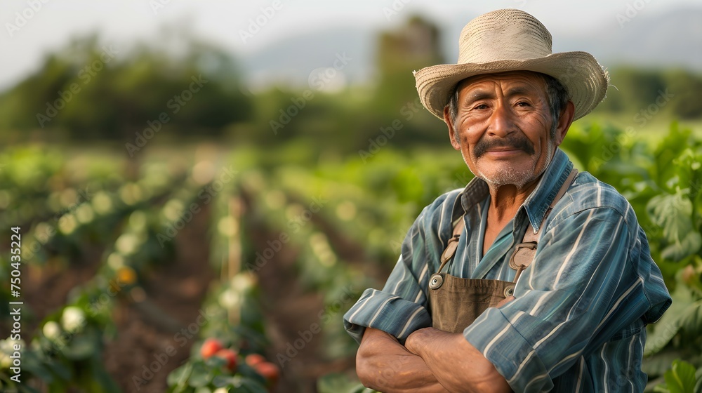 A Latin man joyfully cultivating crops in a field, radiating contentment in a portrait. Concept Outdoor Photoshoot, Latin Man, Cultivating Crops, Contentment Portrait, Joyful Energy