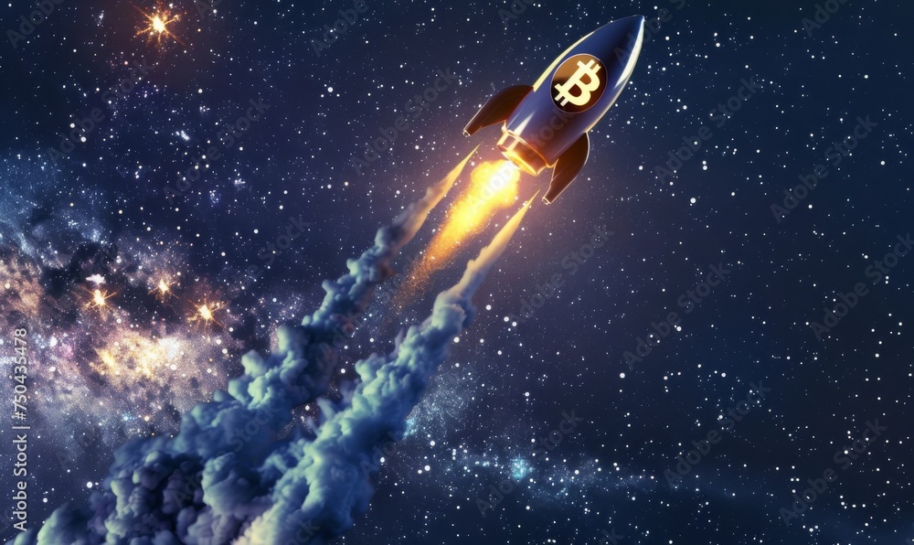 Illustration capturing the excitement of a Bitcoin price surge, with a rocket-shaped Bitcoin symbol soaring upwards against a starry night sky Illustration capturing the excitement of a Bitcoin price surge, with a rocket-shaped Bitcoin symbol soaring upwards against a starry night sky