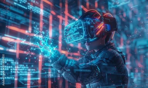 3D illustration of a character immersed in a virtual reality environment, wearing advanced VR gear and interacting with digital elements © AlfaSmart