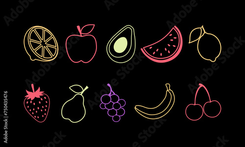 Set of fruit icons in outline on black background 